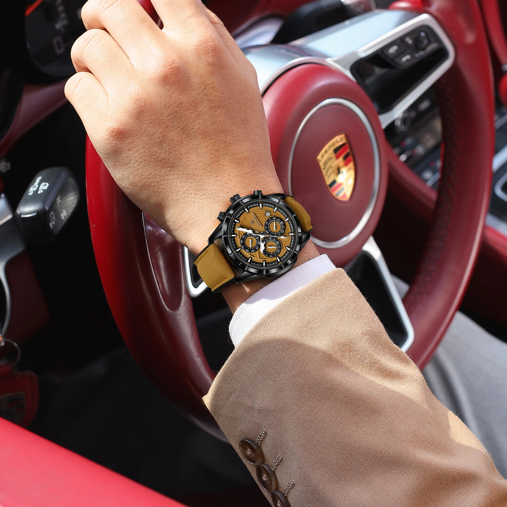POEDAGAR Men's Quartz Chronograph Watch – Leather Strap