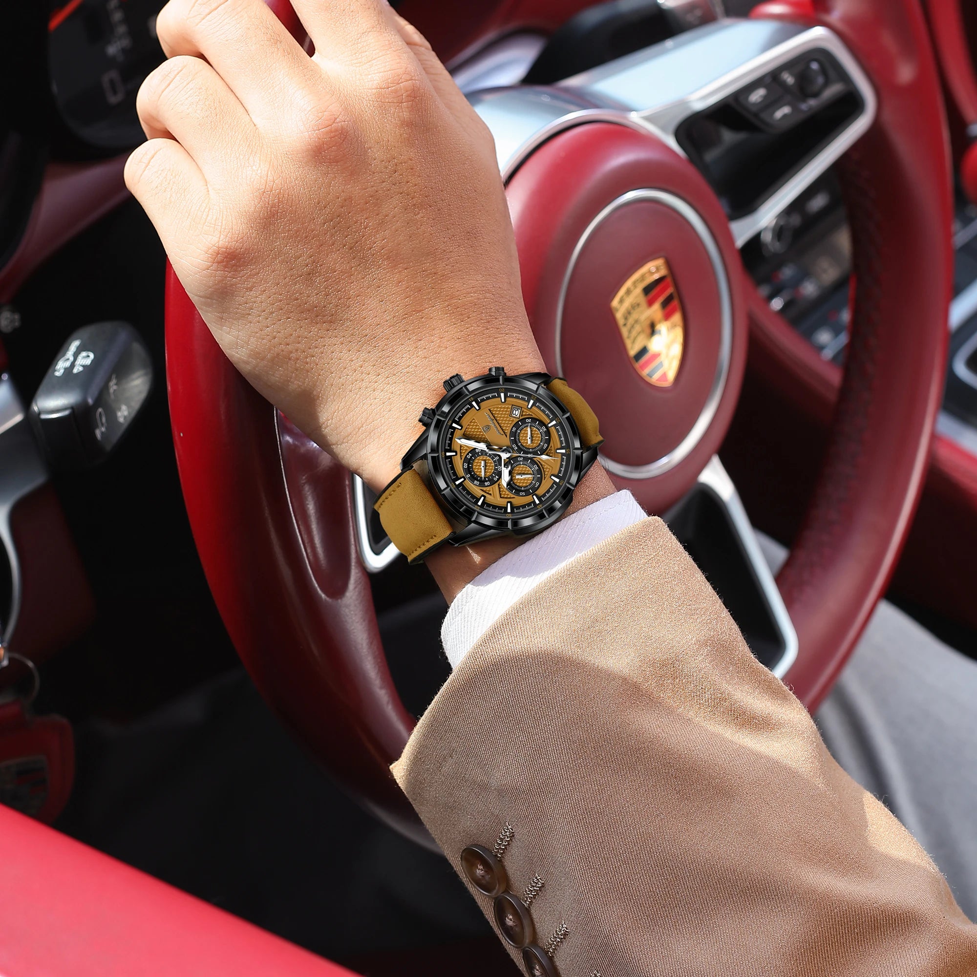 POEDAGAR Men's Quartz Chronograph Watch – Leather Strap