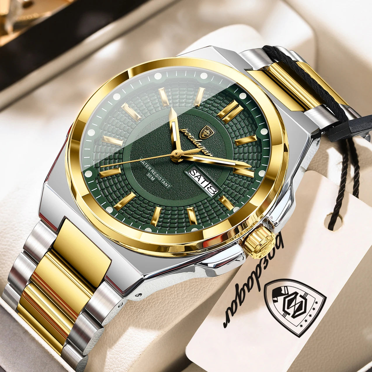 POEDAGAR Men's Quartz Watch Stainless Steel Waterproof Luminous Date