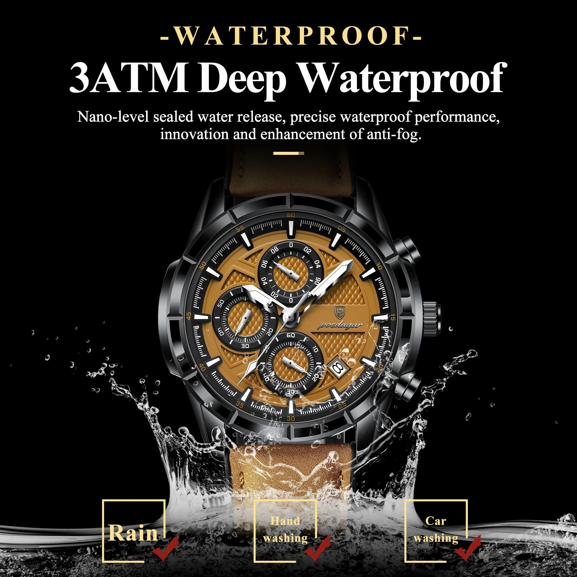 POEDAGAR Leather Chronograph Quartz Watch for Men Waterproof
