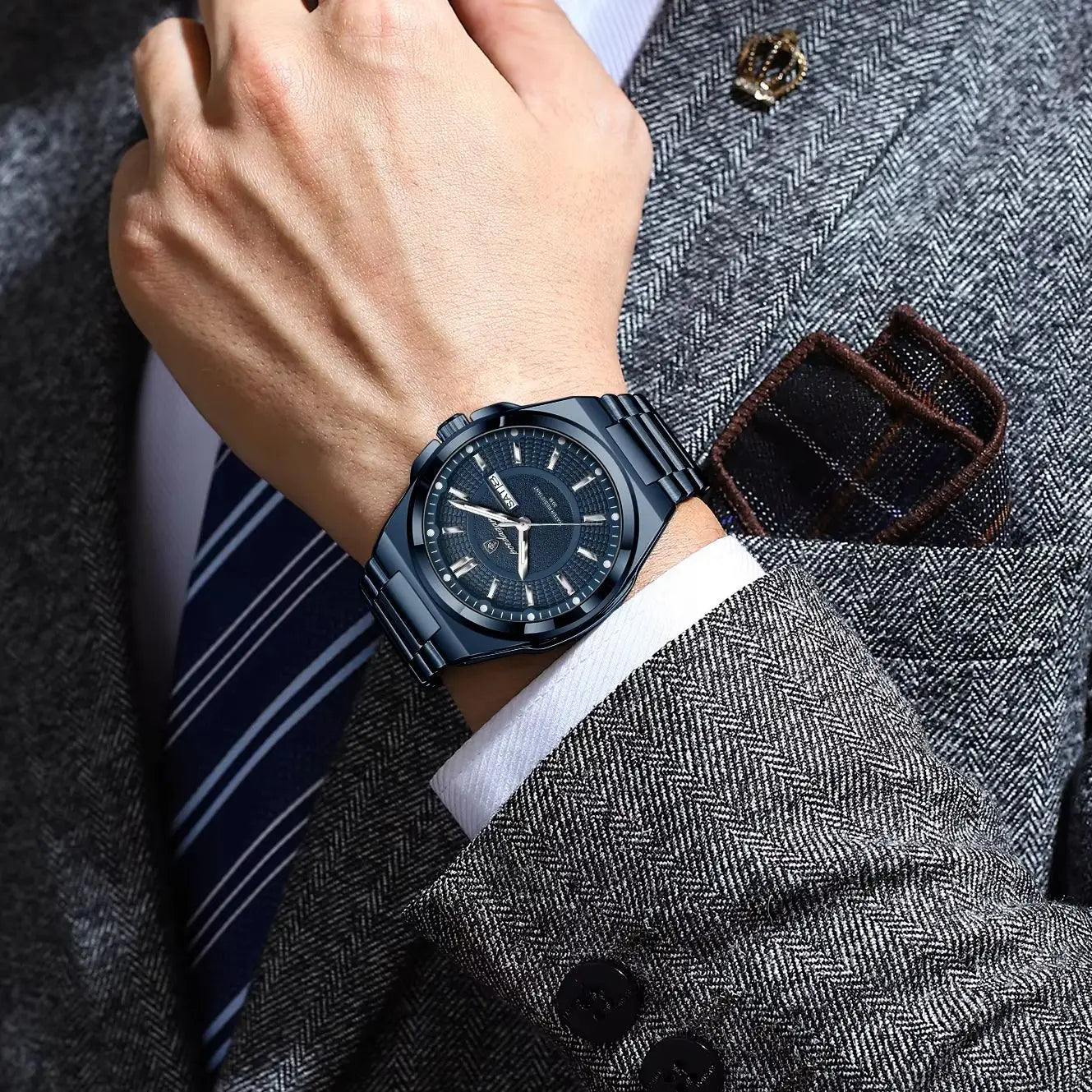 POEDAGAR Men's Quartz Watch Stainless Steel Waterproof Luminous Date