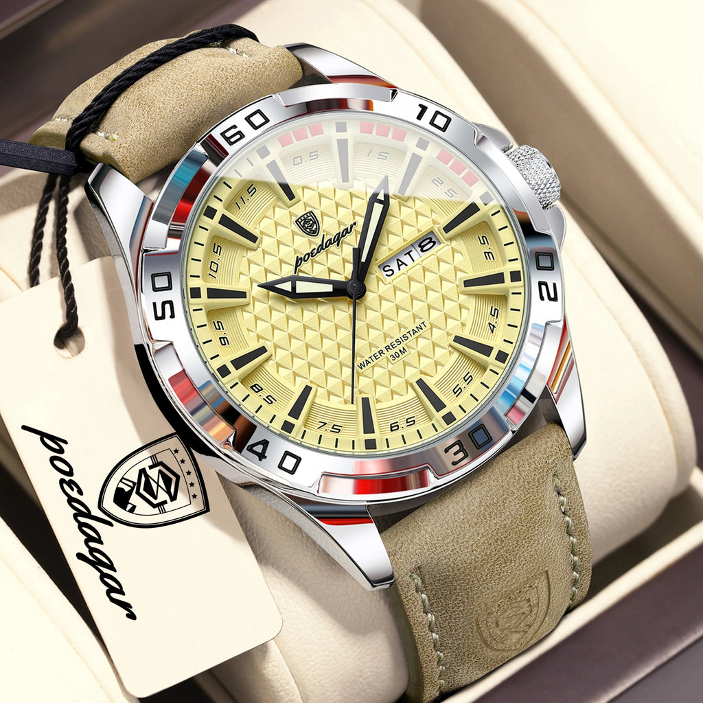 POEDAGAR Leather Quartz Watch Date Week Display for Men