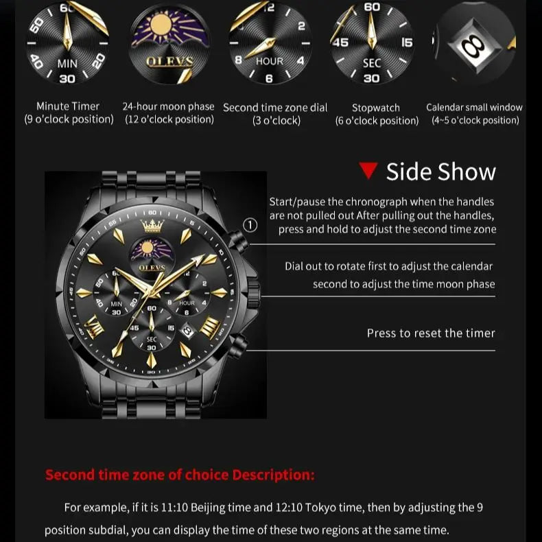 OLEVS 3653 Moon Phase Quartz Watch
