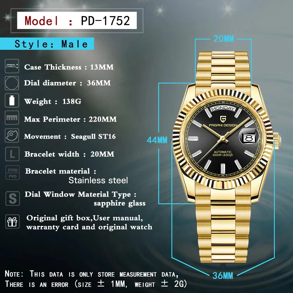 PAGANI DESIGN DD36 Gold Automatic Watch – Sapphire Crystal 100M