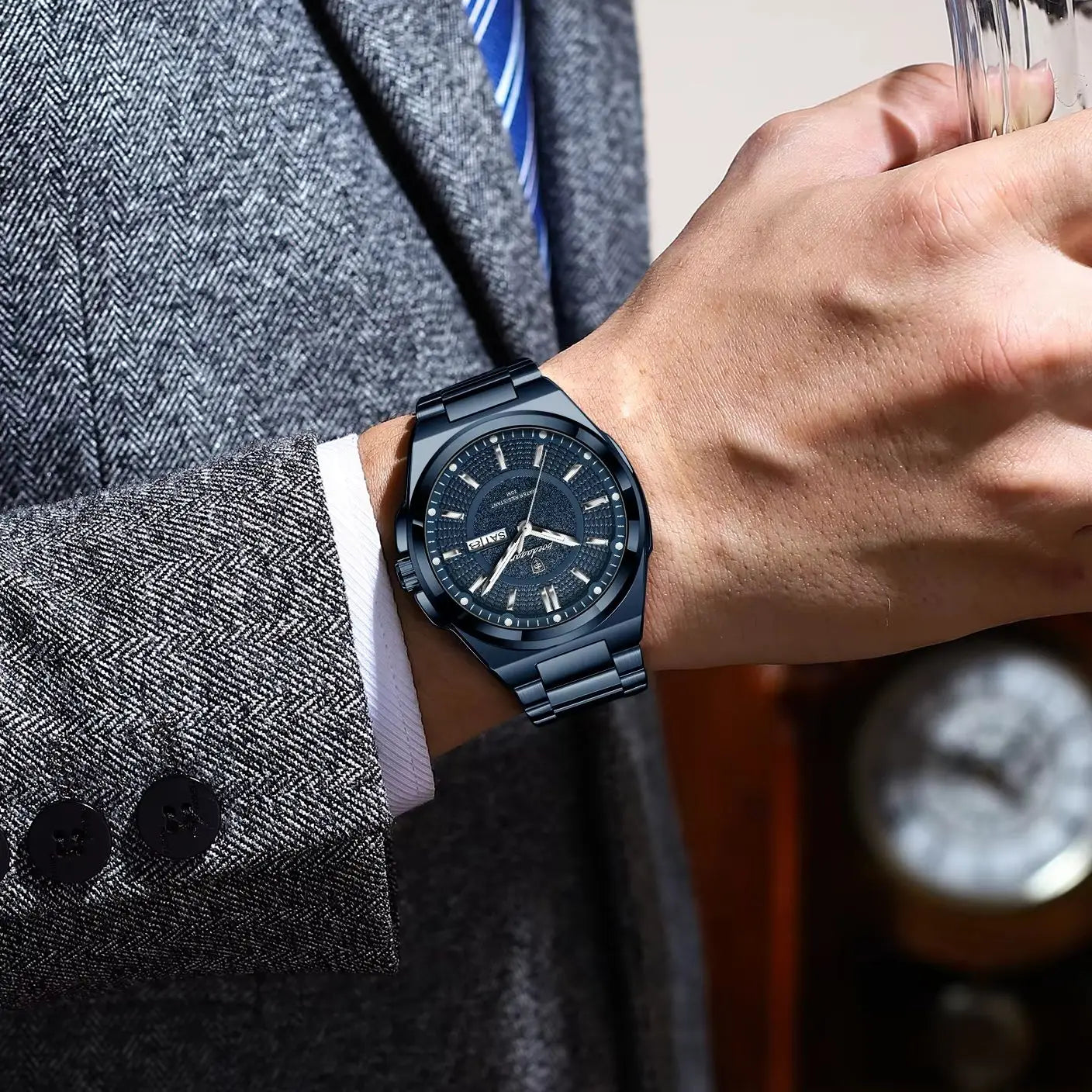POEDAGAR Blue Dial Quartz Watch for Men – Stainless Steel