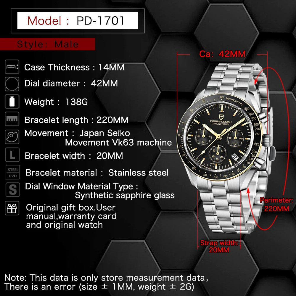 PAGANI DESIGN Gold Quartz Chronograph Watch for Men – Sapphire Crystal, Stainless Steel, Luminous