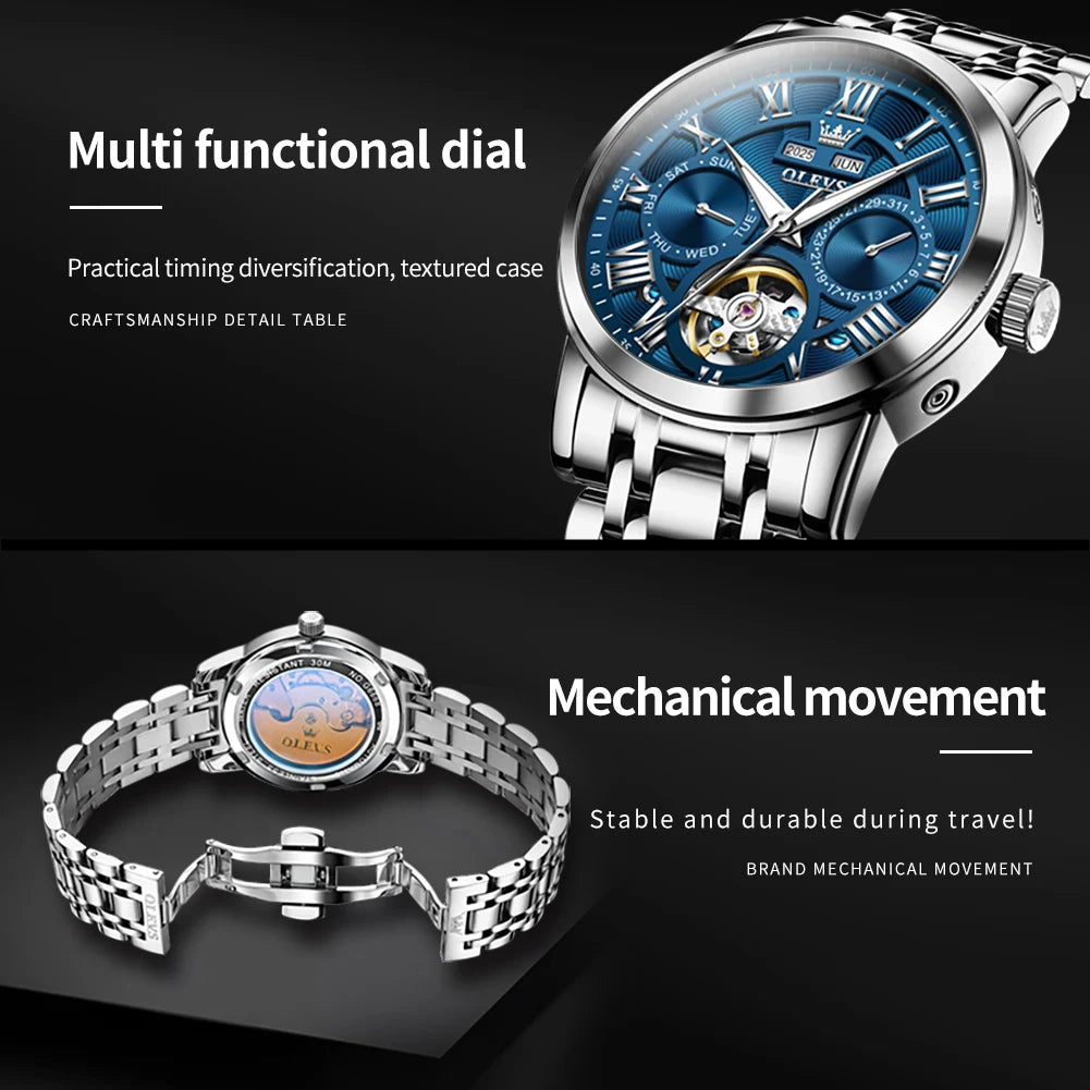 OLEVS 6668 Automatic Skeleton Watch with Stainless Steel Bracelet