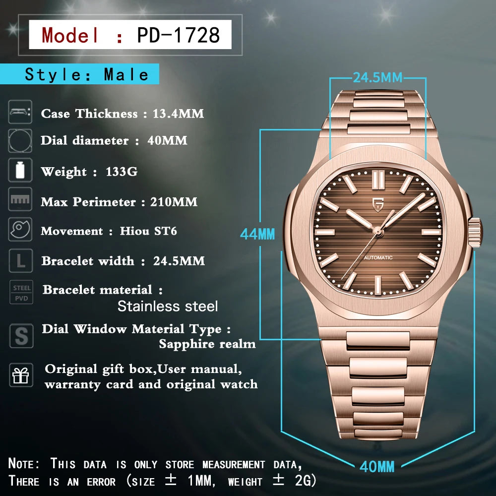 PAGANI DESIGN Rose Gold Automatic Watch – Sapphire Crystal 100M
