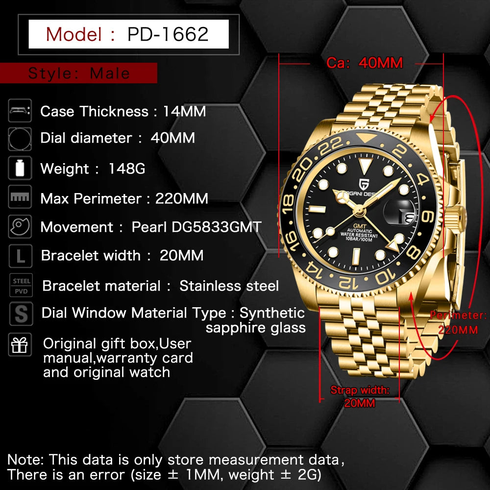 PAGANI DESIGN PD-1662 GMT Automatic Watch – Ceramic Bezel