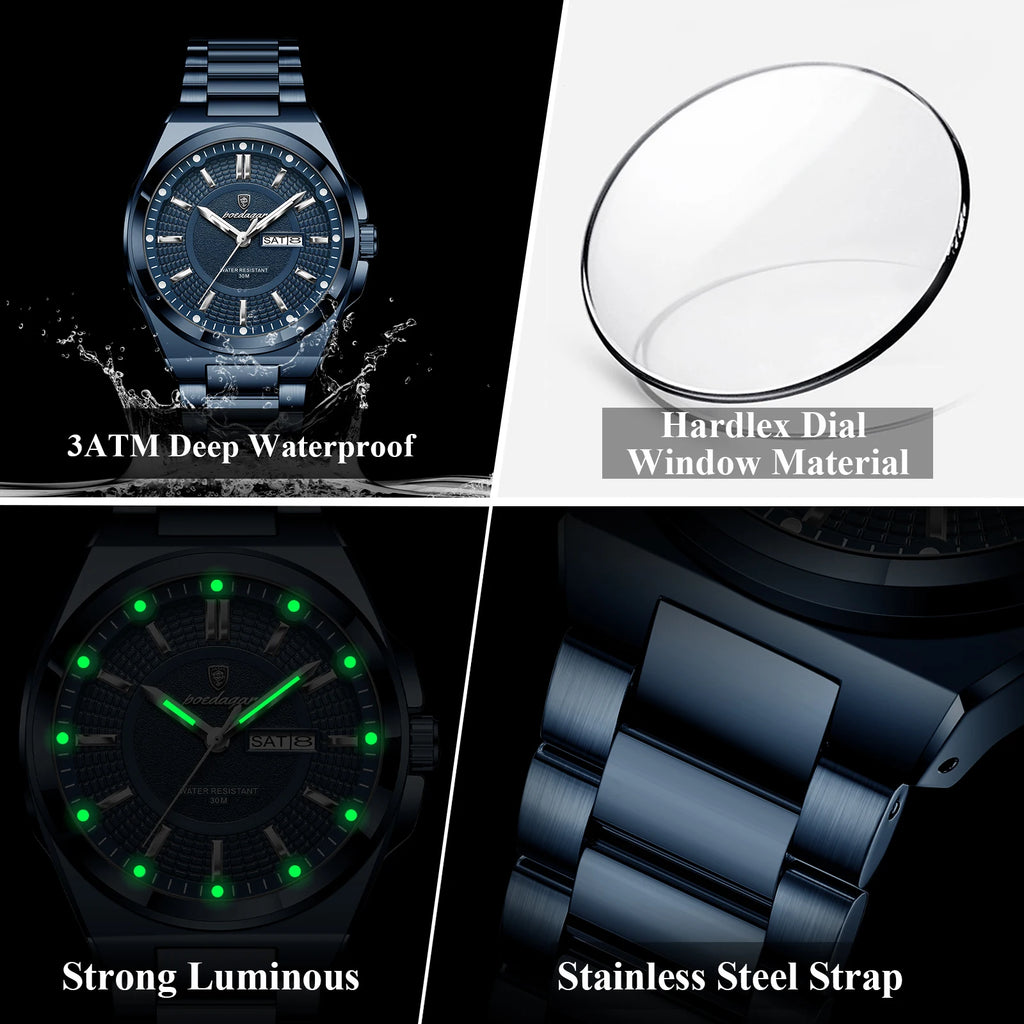 POEDAGAR Blue Dial Quartz Watch for Men – Stainless Steel