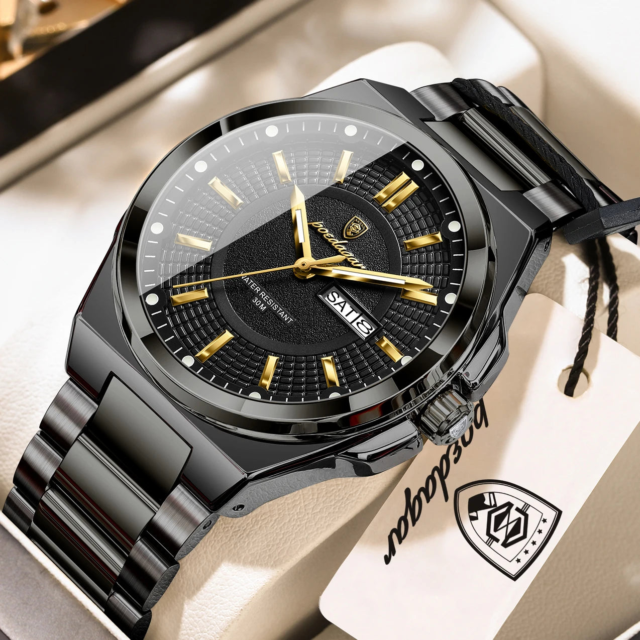 POEDAGAR Men's Quartz Watch Stainless Steel Waterproof Luminous Date