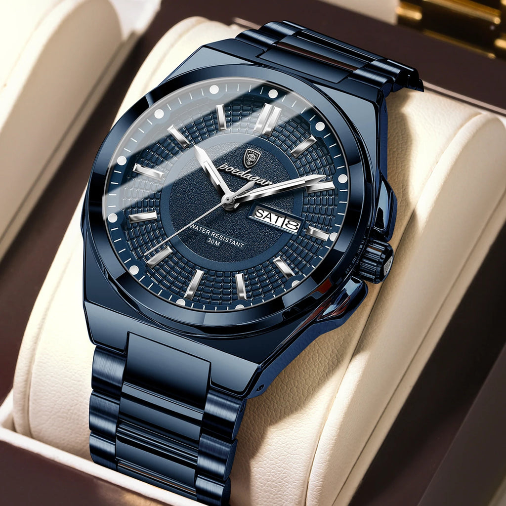 POEDAGAR Men's Quartz Watch Stainless Steel Waterproof Luminous Date