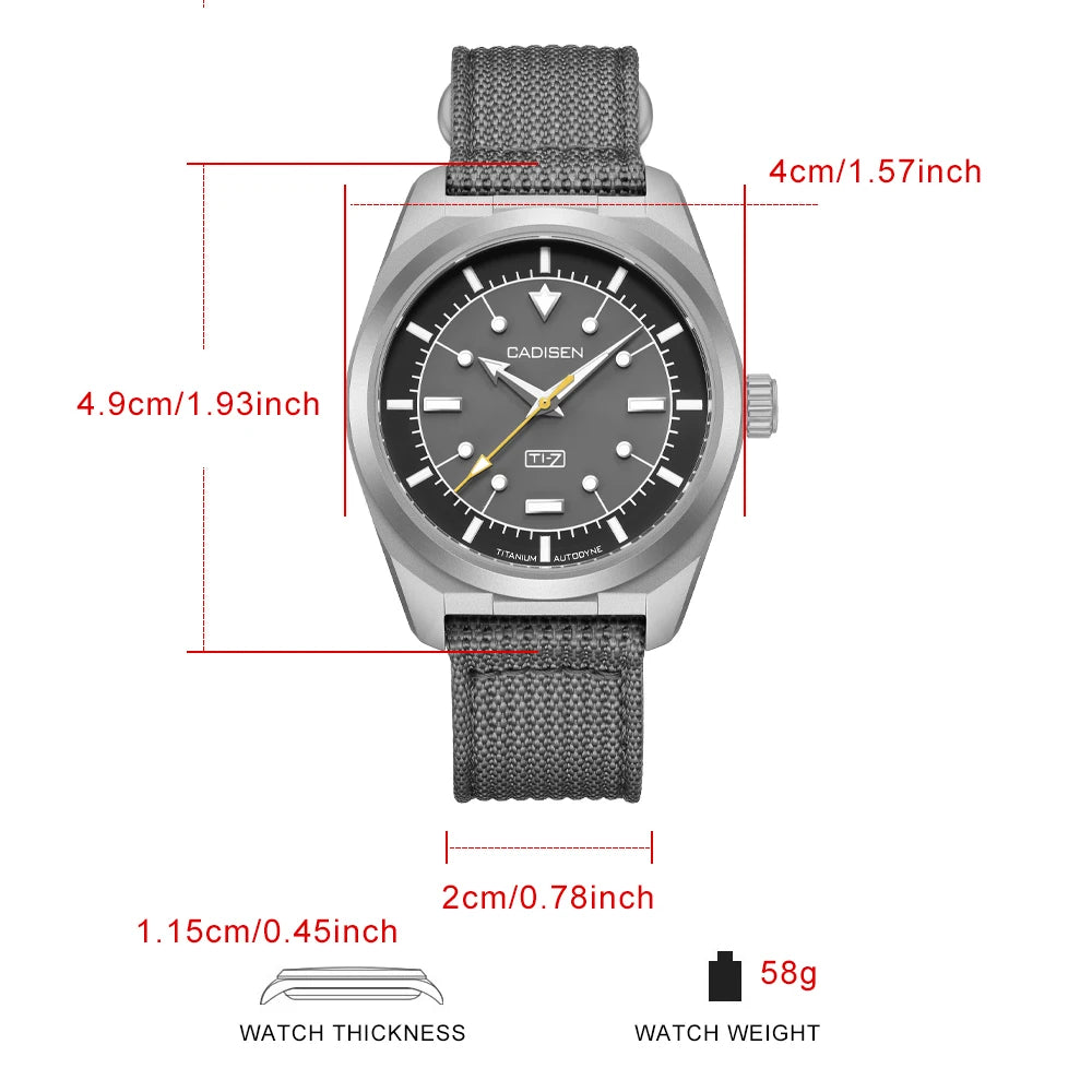 CADISEN TI-7 Titanium Automatic Watch Miyota 8215 Canvas Strap