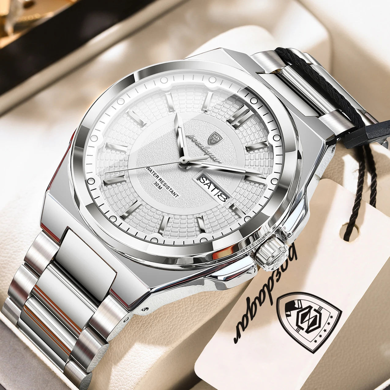POEDAGAR Men's Quartz Watch Stainless Steel Waterproof Luminous Date