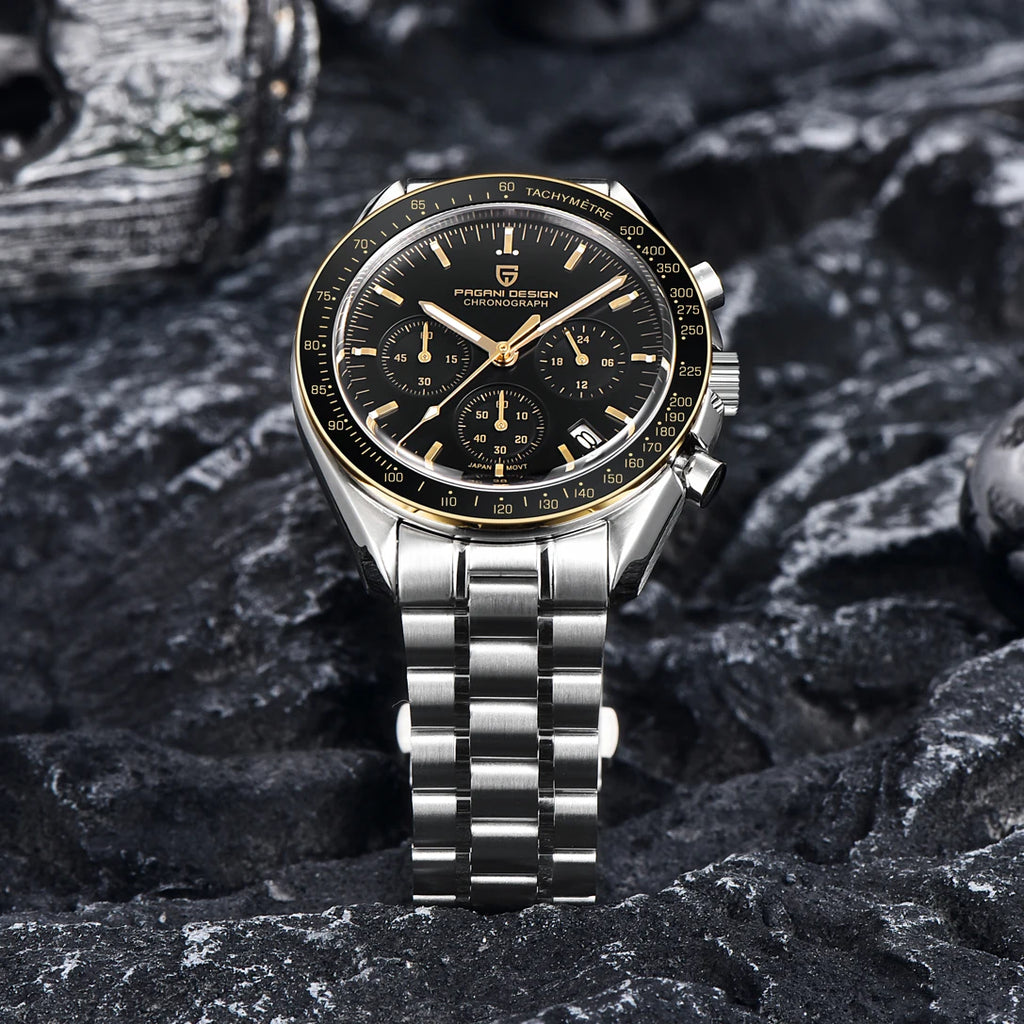 PAGANI DESIGN Gold Quartz Chronograph Watch for Men – Sapphire Crystal, Stainless Steel, Luminous