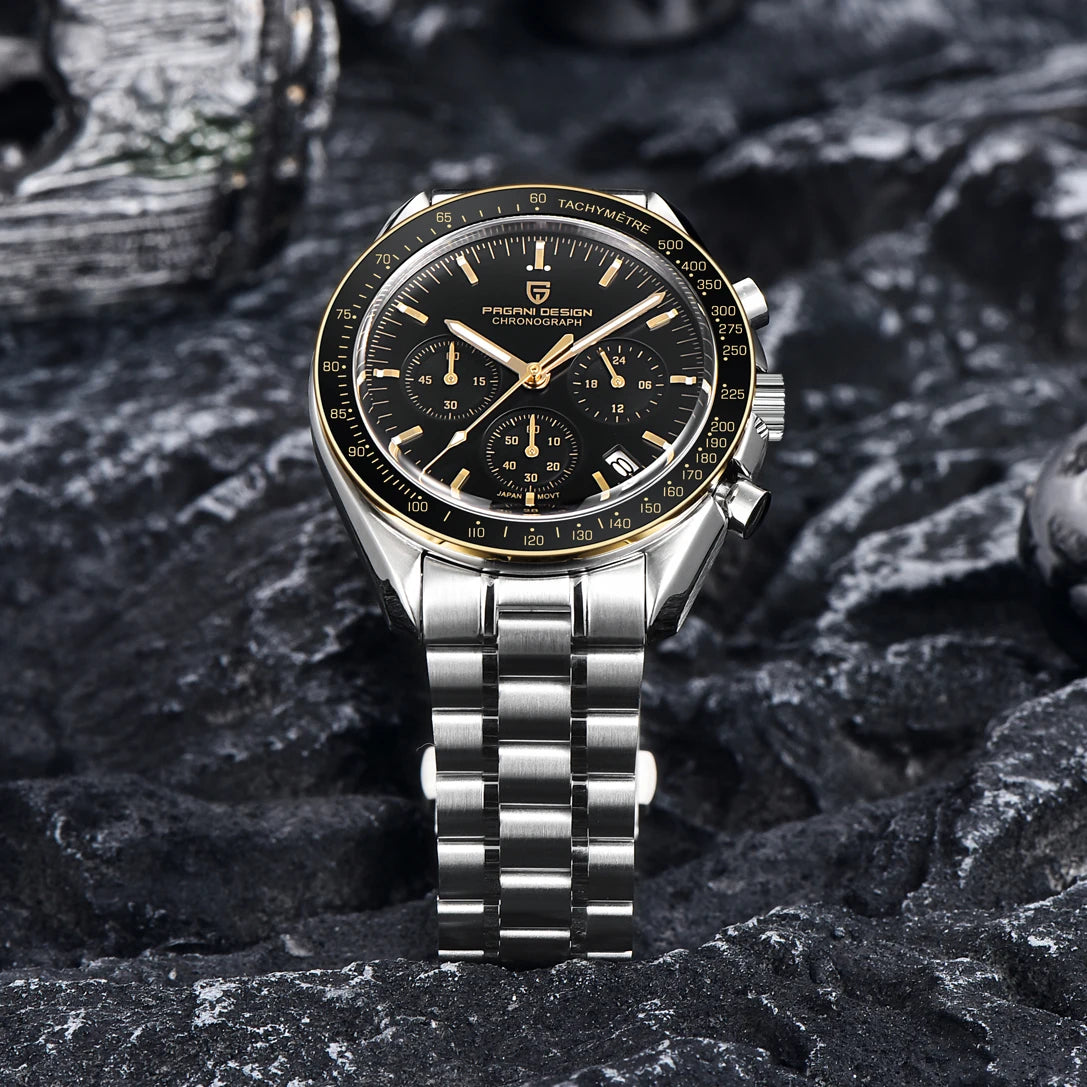 PAGANI DESIGN Gold Quartz Chronograph Watch for Men – Sapphire Crystal, Stainless Steel, Luminous