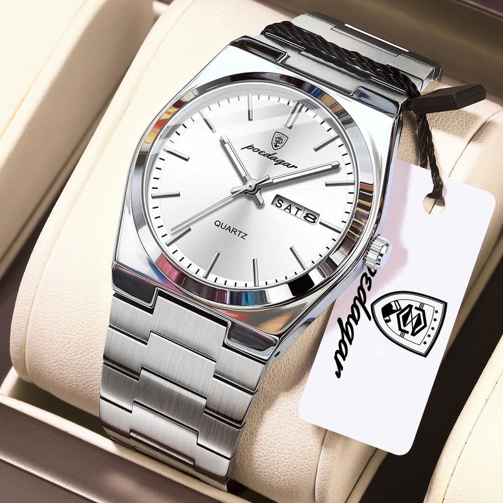 POEDAGAR Luxury Quartz Watch Stainless Steel Luminous Date Men