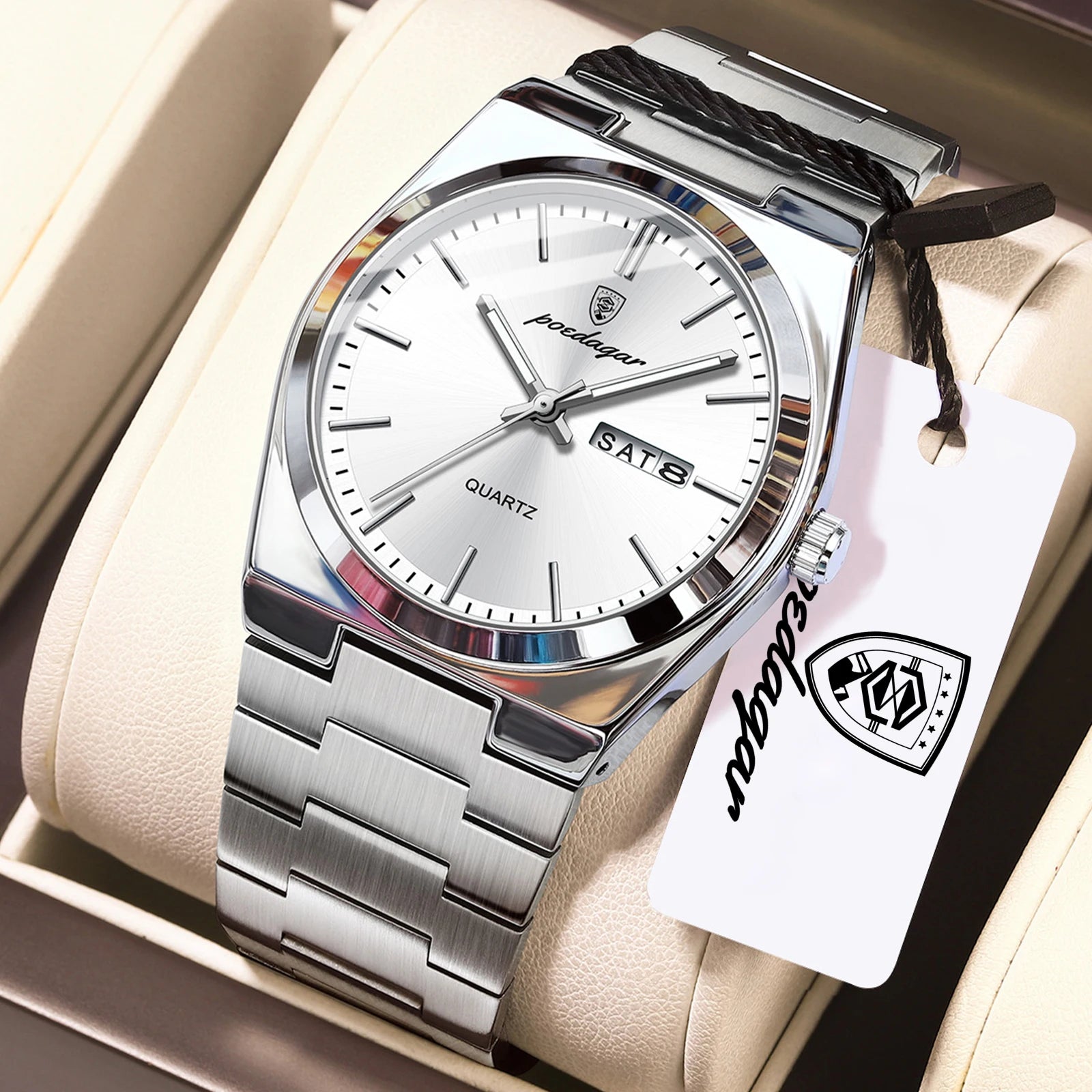 POEDAGAR Luxury Quartz Watch Stainless Steel Luminous Date Men