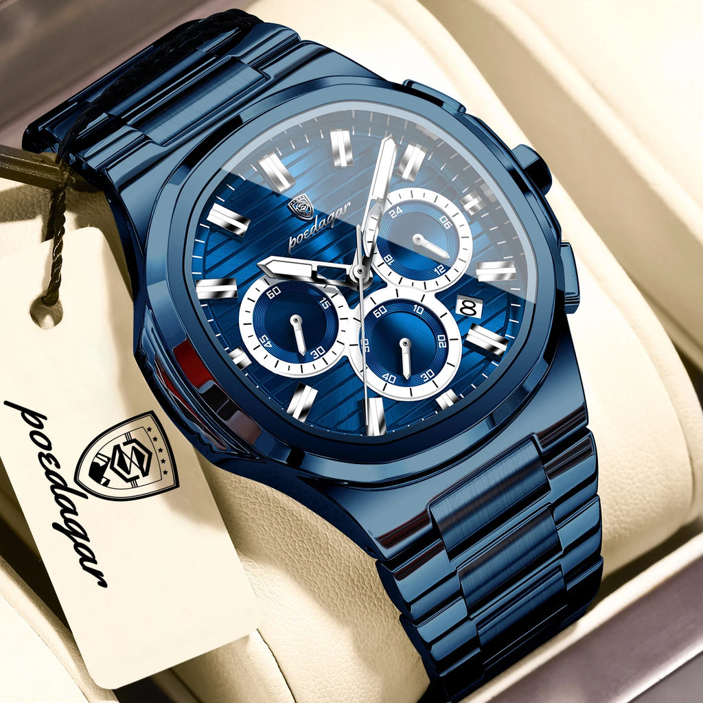 POEDAGAR Chronograph Quartz Watch Stainless Steel Blue Dial Men