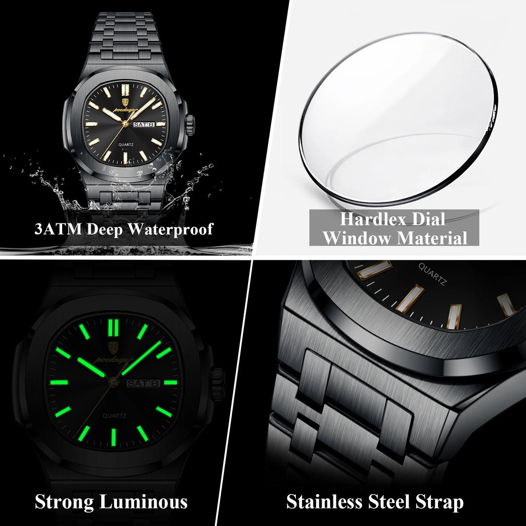POEDAGAR Square Men's Quartz Watch – Stainless Steel