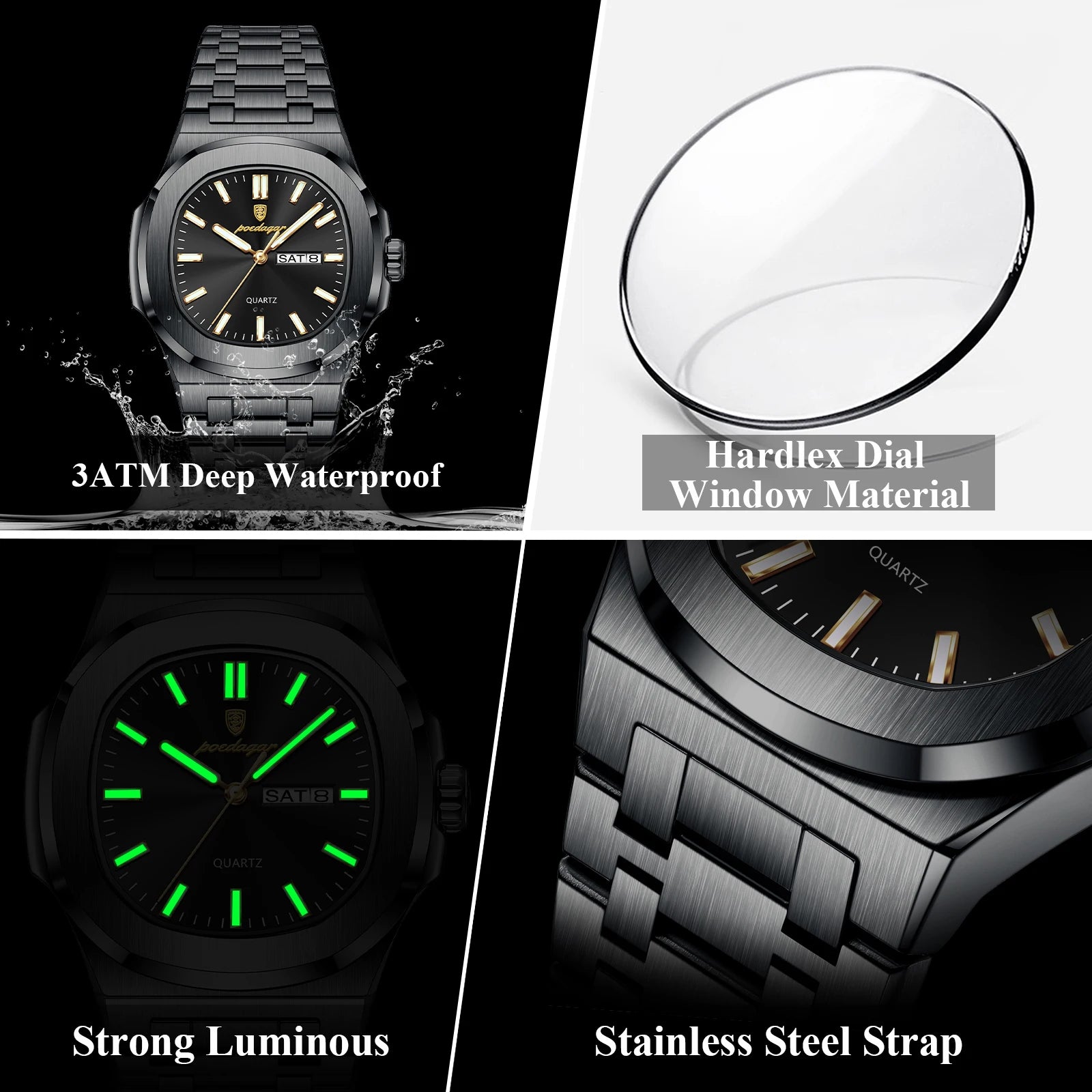 POEDAGAR Square Men's Quartz Watch – Stainless Steel