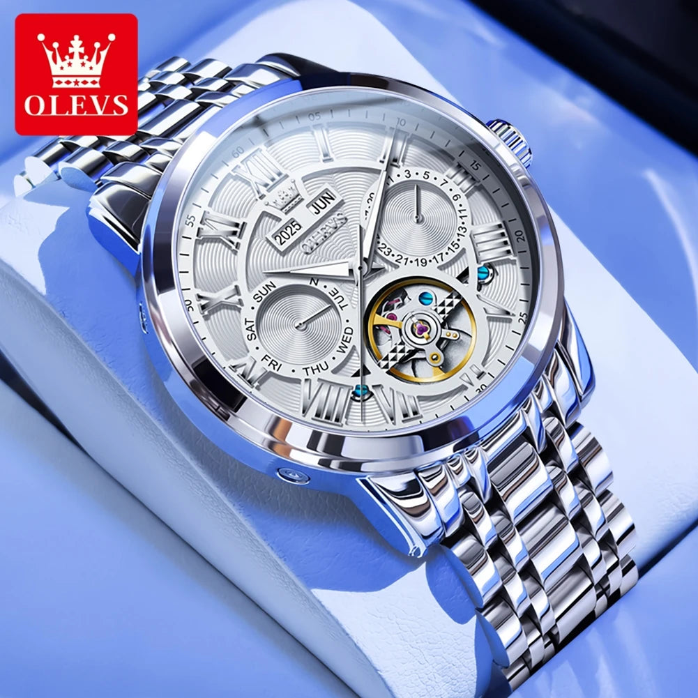 OLEVS 6668 Automatic Skeleton Watch with Stainless Steel Bracelet