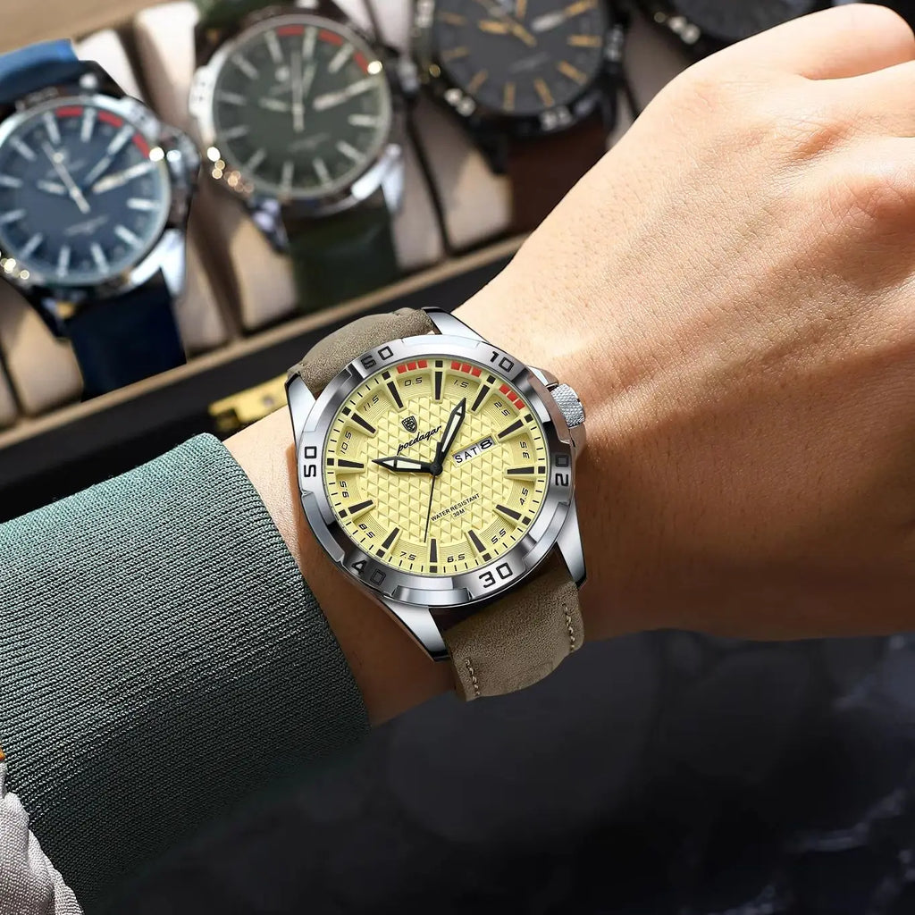 POEDAGAR Leather Quartz Watch Date Week Display for Men