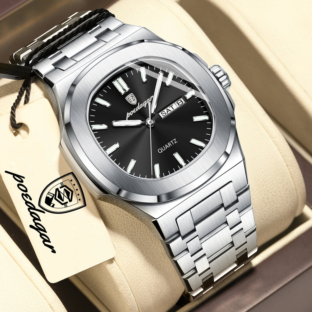 POEDAGAR Square Men's Quartz Watch – Stainless Steel