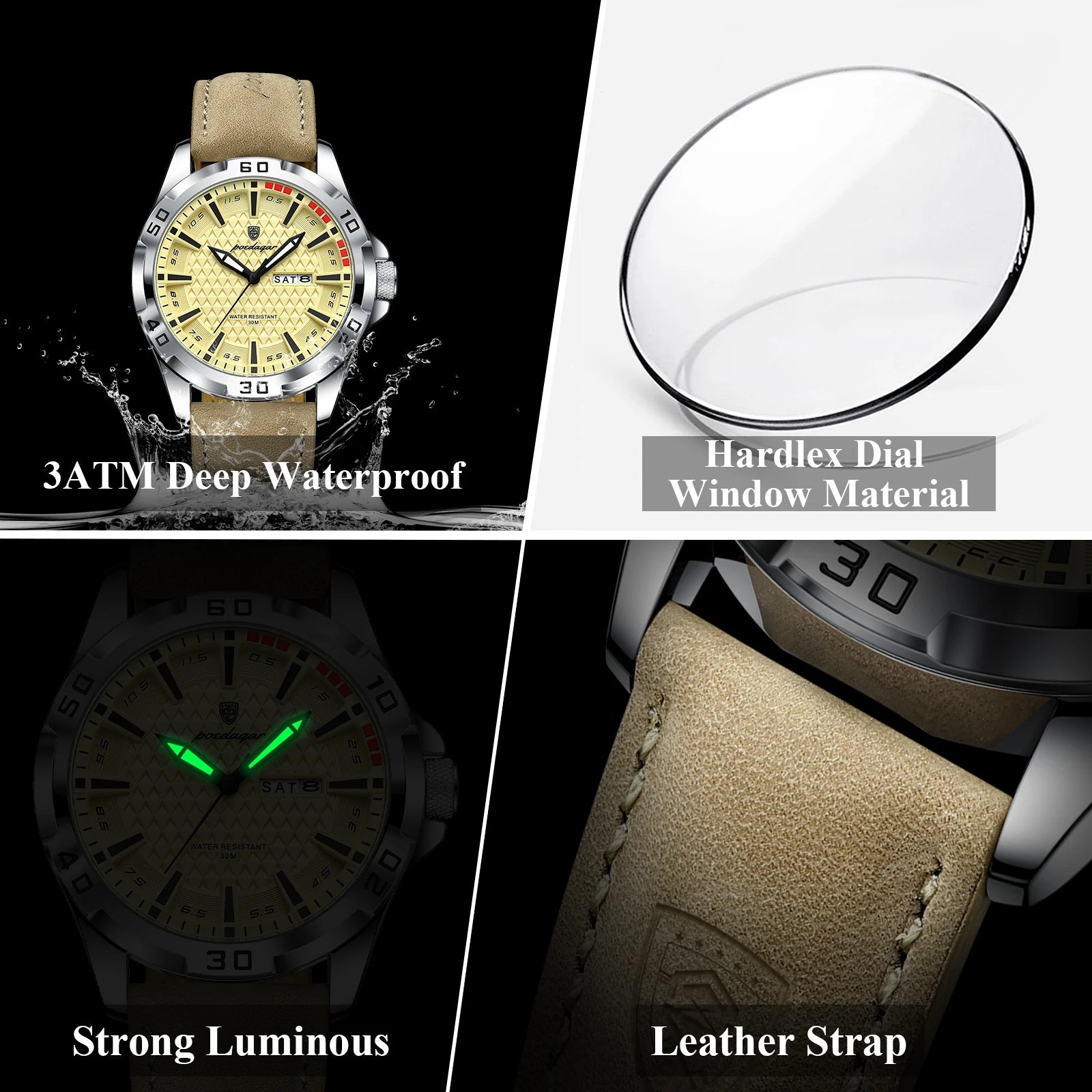 POEDAGAR Leather Quartz Watch Date Week Display for Men