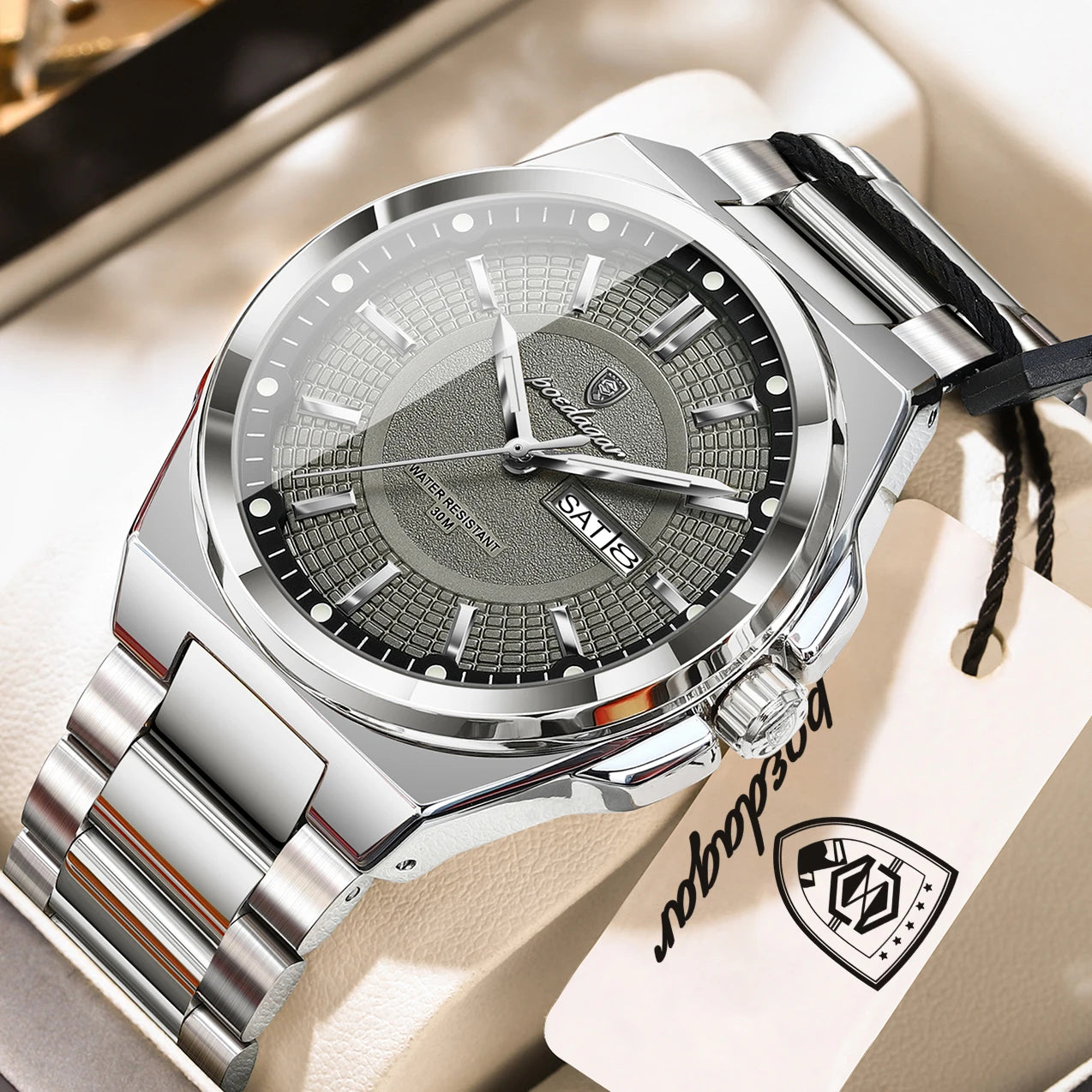 POEDAGAR Men's Quartz Watch Stainless Steel Waterproof Luminous Date